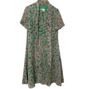 Vintage Green Brown Leaf Print Fit and Flare Bow Tie Short Sleeve Midi Dress